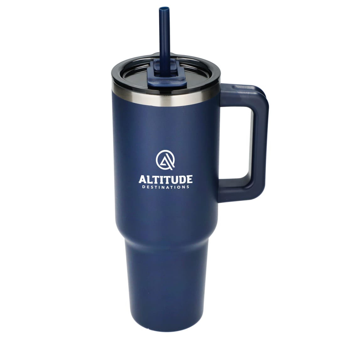 Front View of Blue Pinnacle Recycled Travel Tumbler with Straw 40oz
