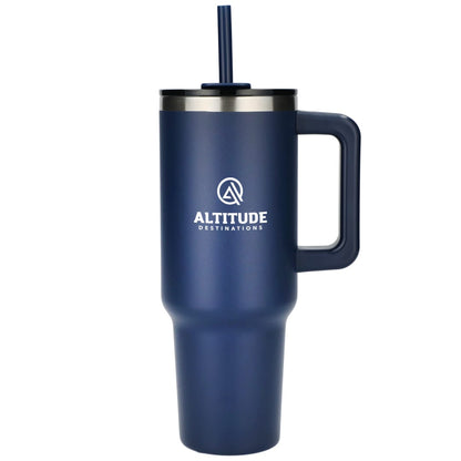 Front View of Blue Pinnacle Recycled Travel Tumbler with Straw 40oz