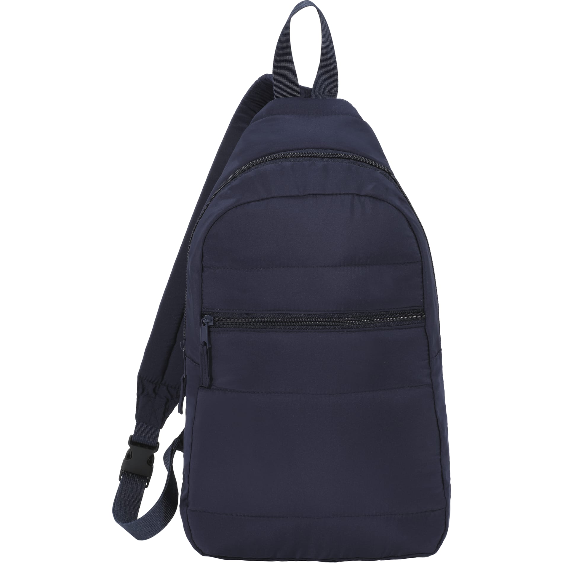 Front View of Blue Puffer Recycled Sling Backpack plain