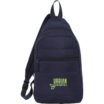 Front View of Blue Puffer Recycled Sling Backpack