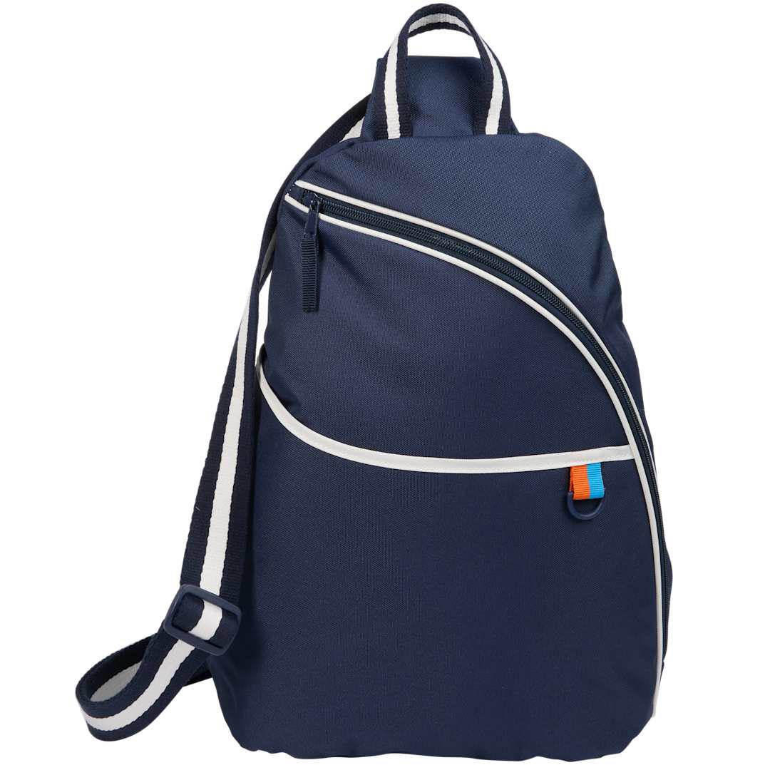 Front View of Blue Retro Sport Recycled Sling Backpack plain