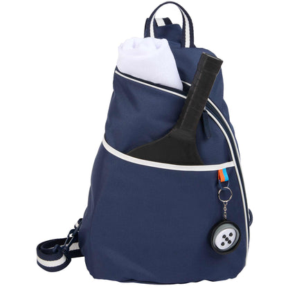 Front View of Blue Retro Sport Recycled Sling Backpack plain
