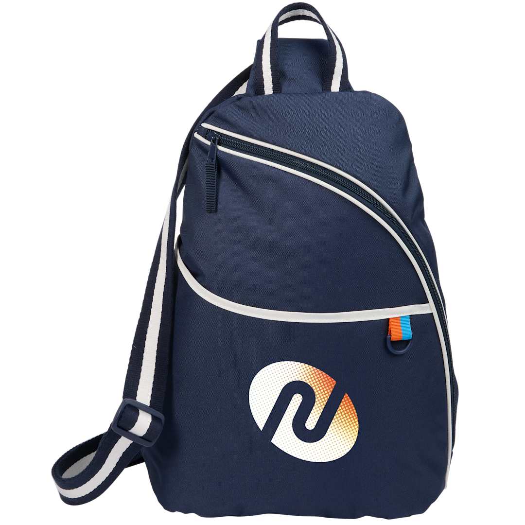 Front View of Blue Retro Sport Recycled Sling Backpack