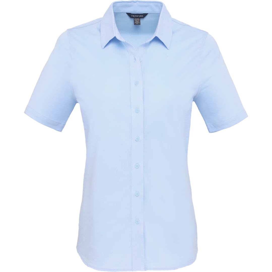 Front View of Blue TATRA Eco Short Knit Button Up Sleeve Shirt - Women's plain
