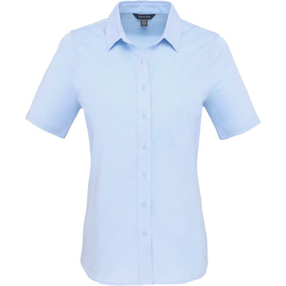 Front View of Blue TATRA Eco Short Knit Button Up Sleeve Shirt - Women's plain
