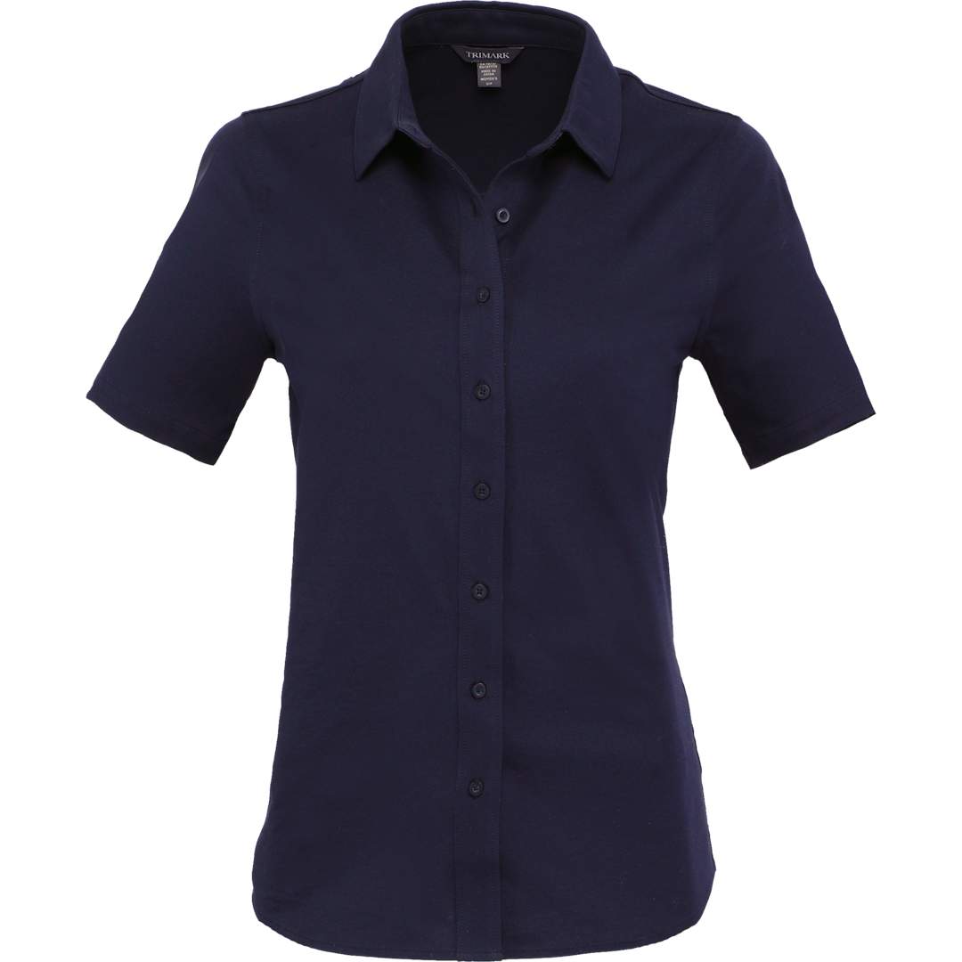 Front View of Blue TATRA Eco Short Knit Button Up Sleeve Shirt - Women's plain