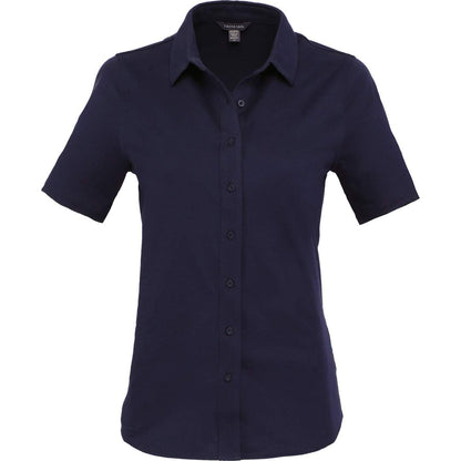 Front View of Blue TATRA Eco Short Knit Button Up Sleeve Shirt - Women's plain