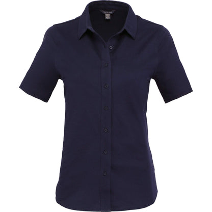 Front View of Blue TATRA Eco Short Knit Button Up Sleeve Shirt - Women's plain