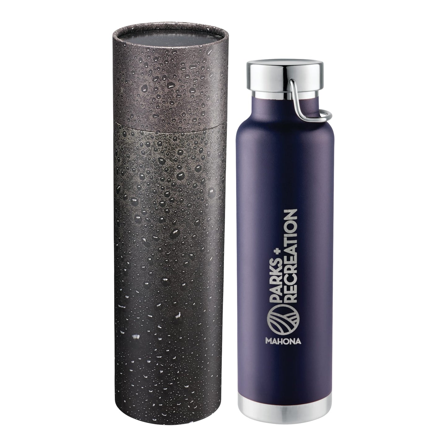 Front View of Blue Thor Copper Vac Bottle 22oz With Cylindrical Box