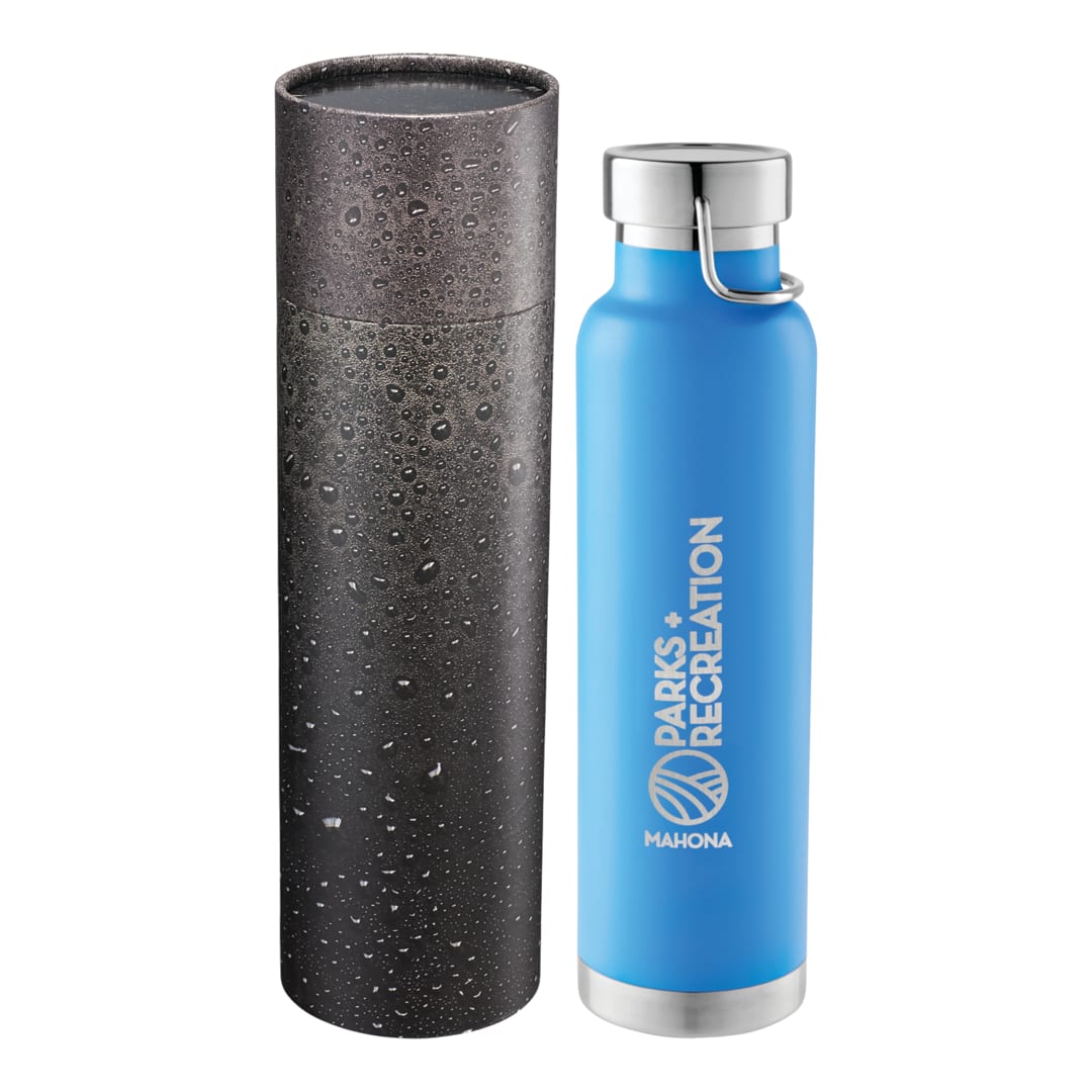 Front View of Blue Thor Copper Vac Bottle 22oz With Cylindrical Box