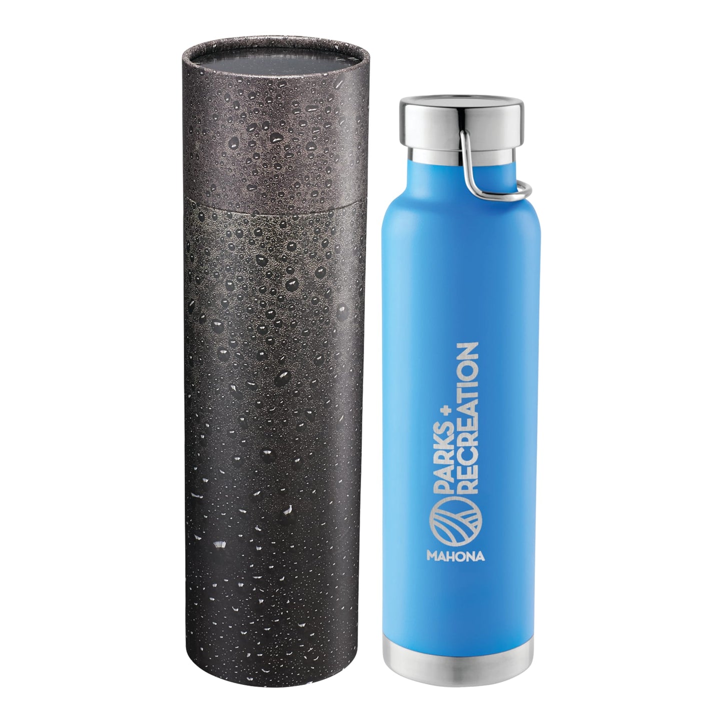 Front View of Blue Thor Copper Vac Bottle 22oz With Cylindrical Box