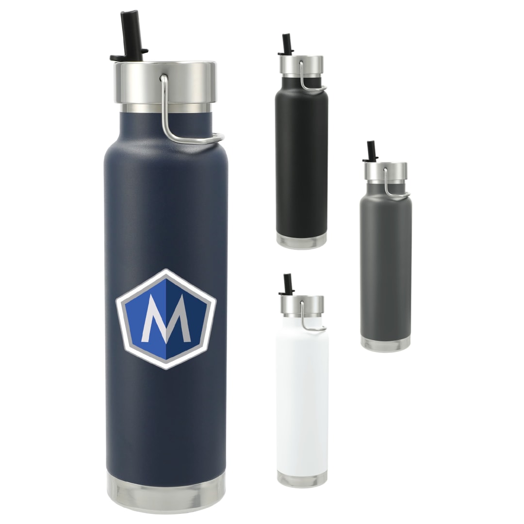 Front View of Blue Thor Copper Vacuum Insulated Bottle 25oz Straw Lid