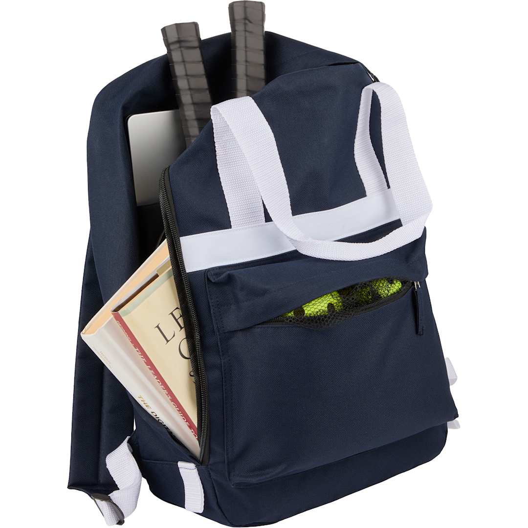 Front View of Blue Varsity Recycled Backpack