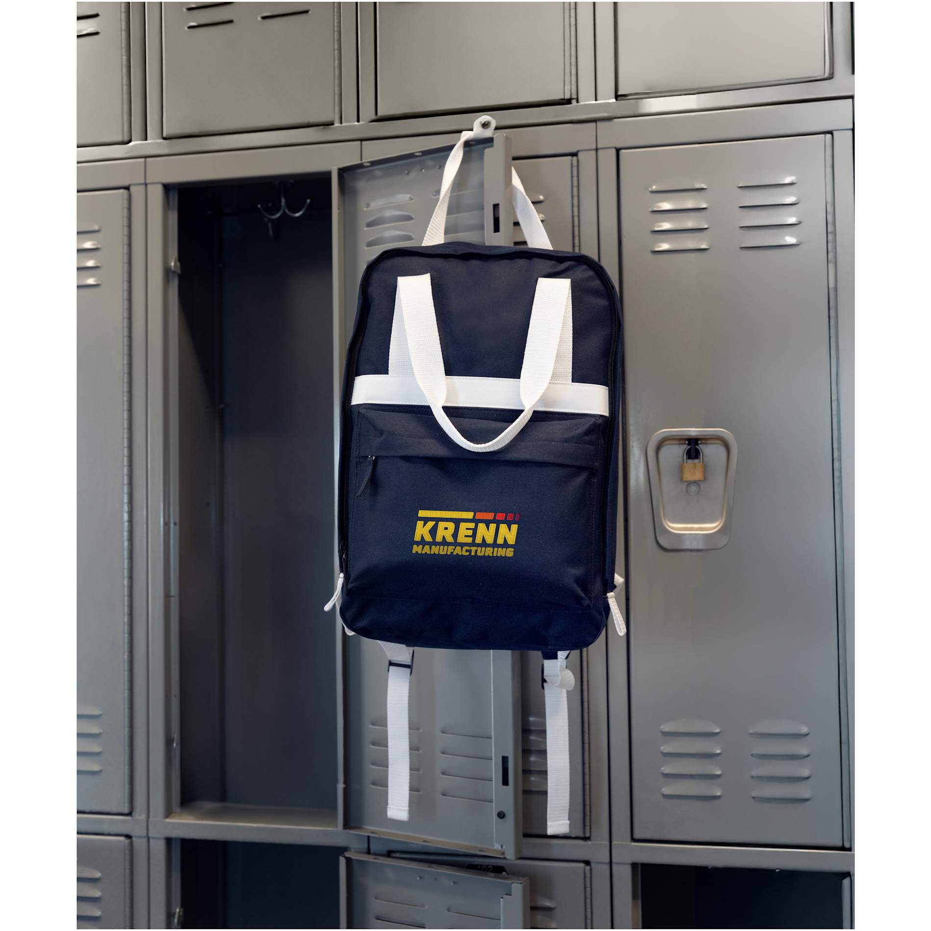 Front View of Blue Varsity Recycled Backpack