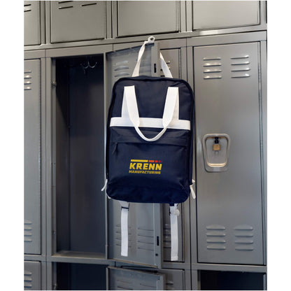 Front View of Blue Varsity Recycled Backpack