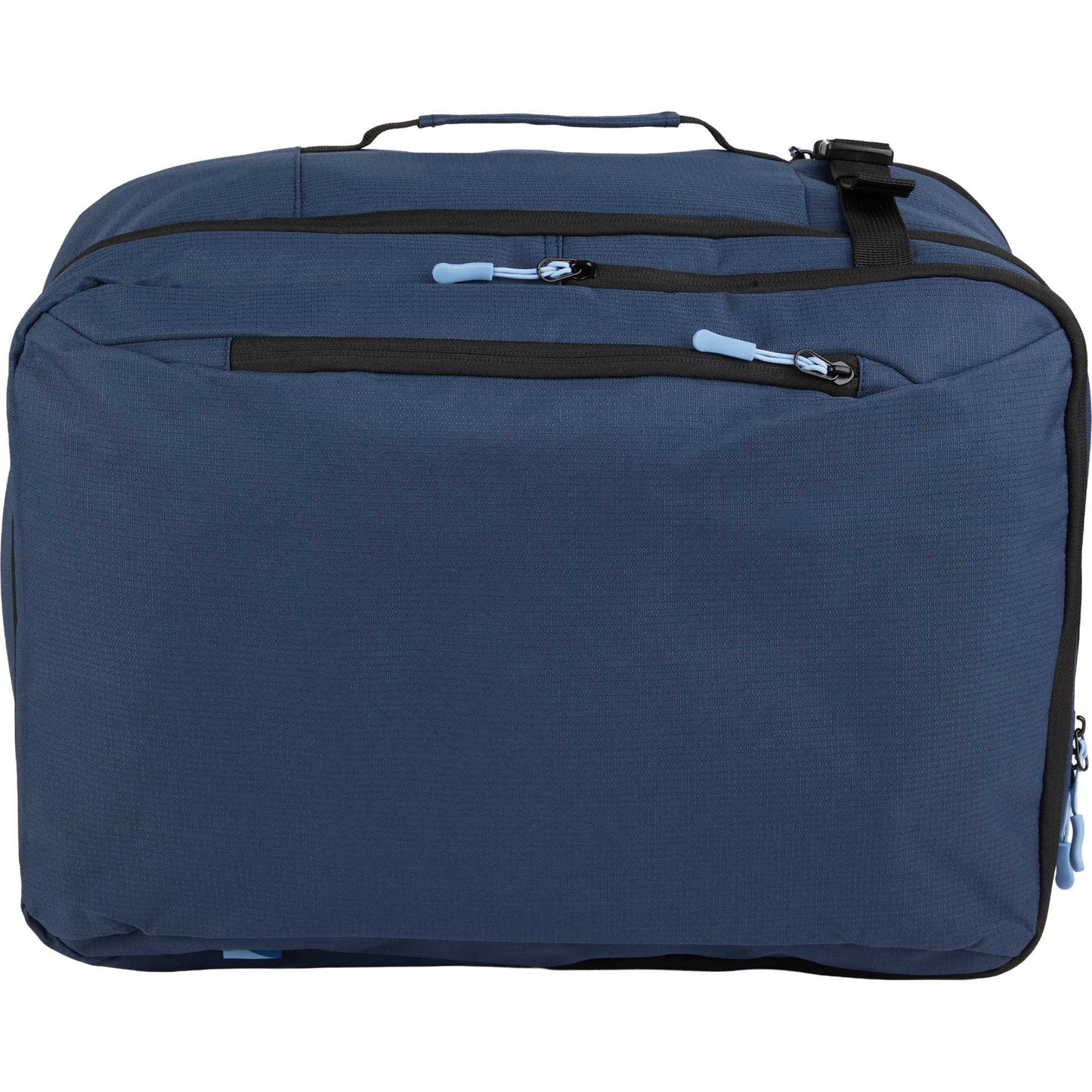 Front View of Blue Wander & Roam Travel Backpack plain