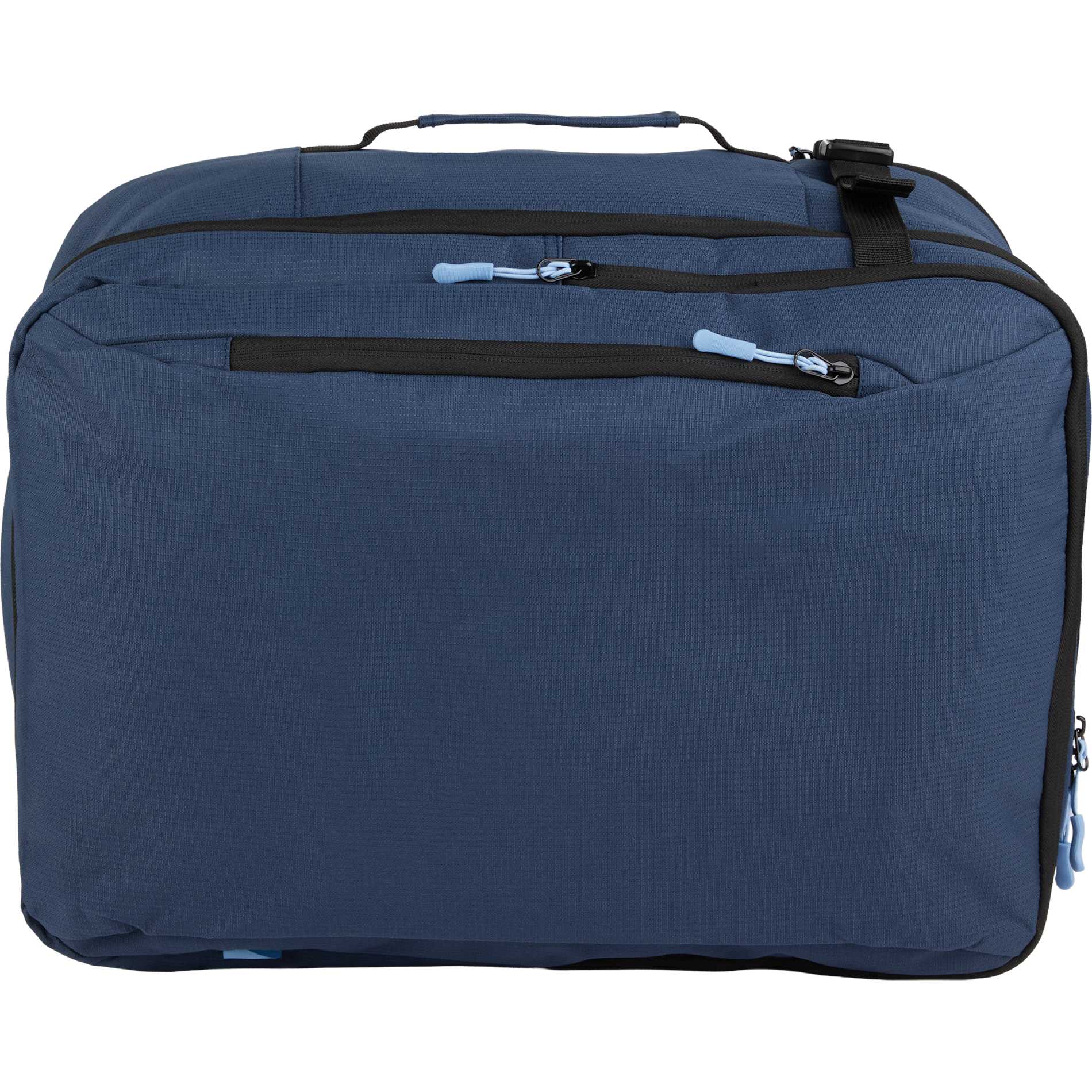Front View of Blue Wander & Roam Travel Backpack plain