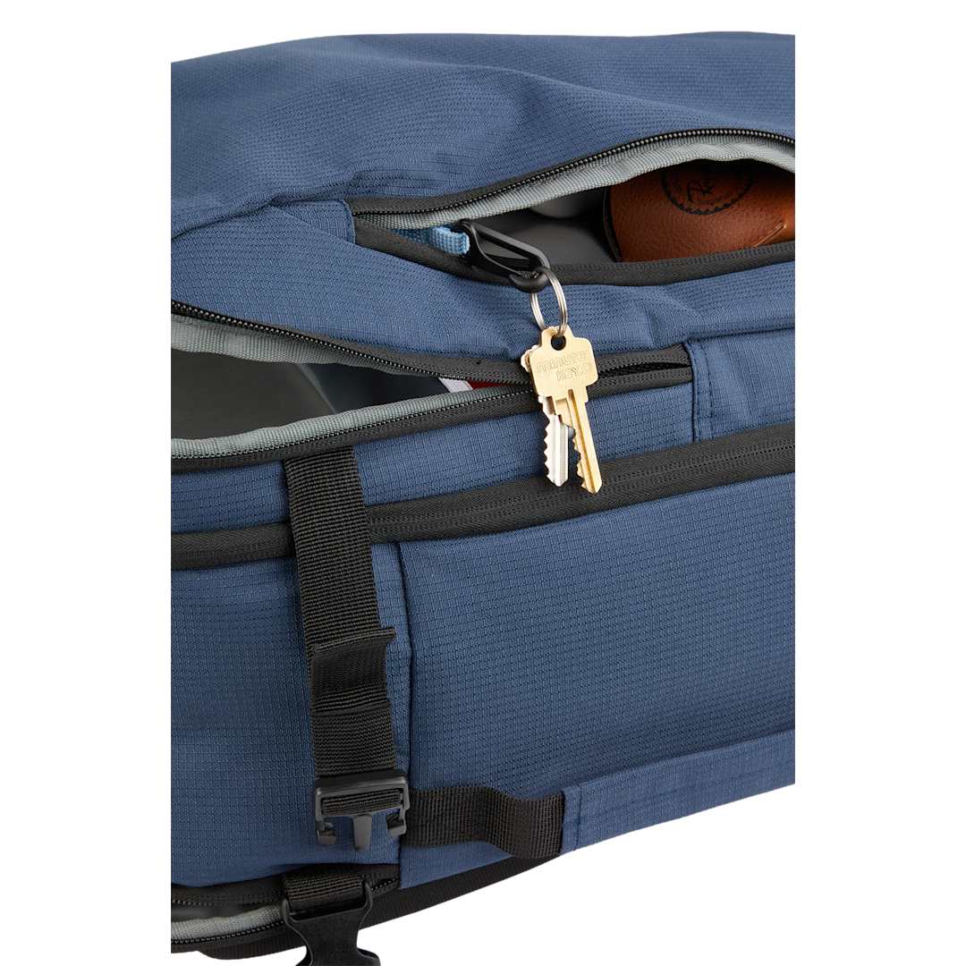 Front View of Blue Wander & Roam Travel Backpack