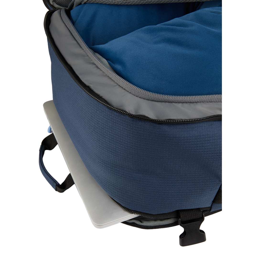 Front View of Blue Wander & Roam Travel Backpack