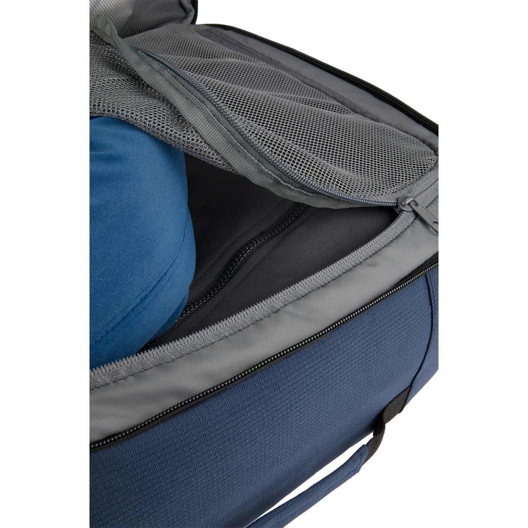 Front View of Blue Wander & Roam Travel Backpack