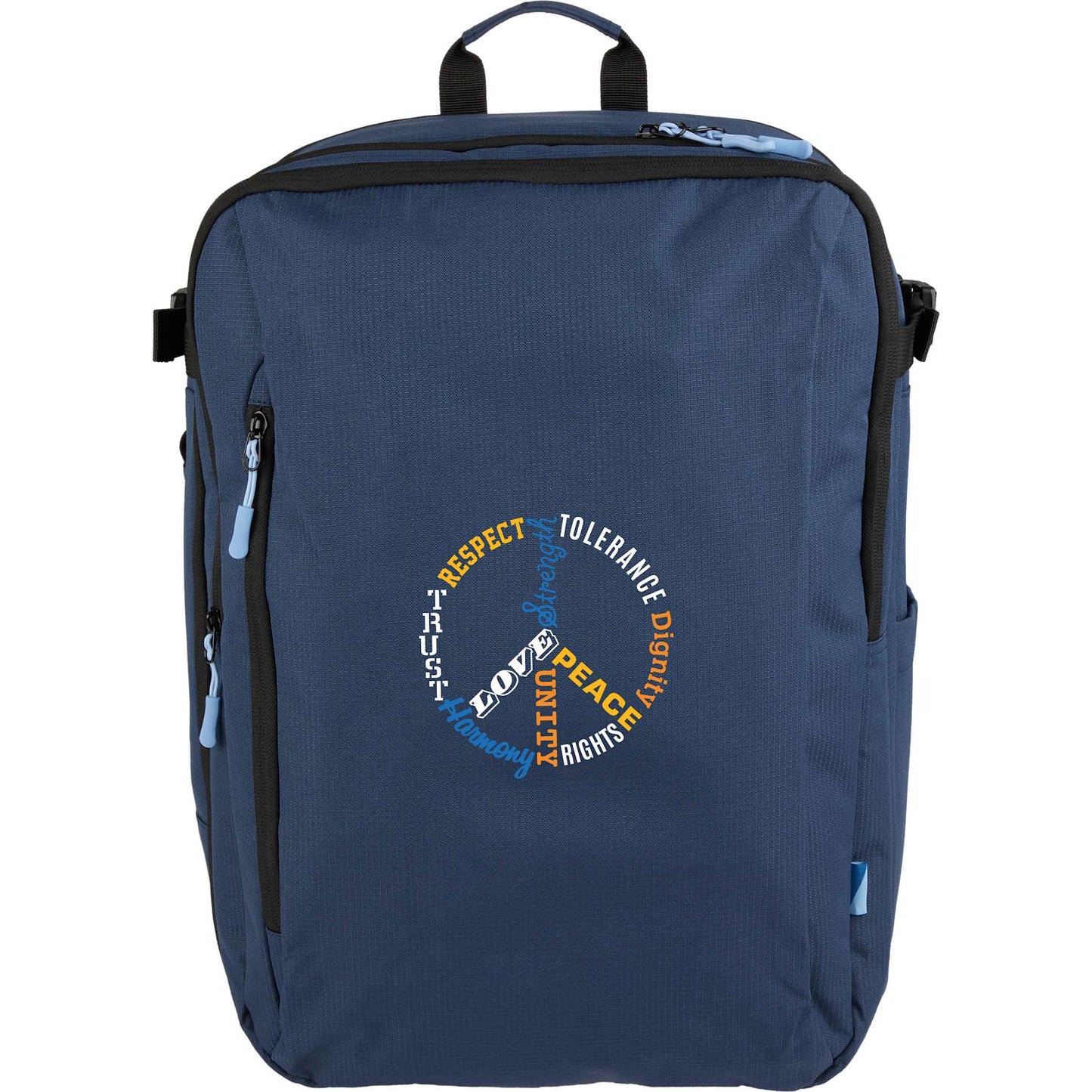 Front View of Blue Wander & Roam Travel Backpack