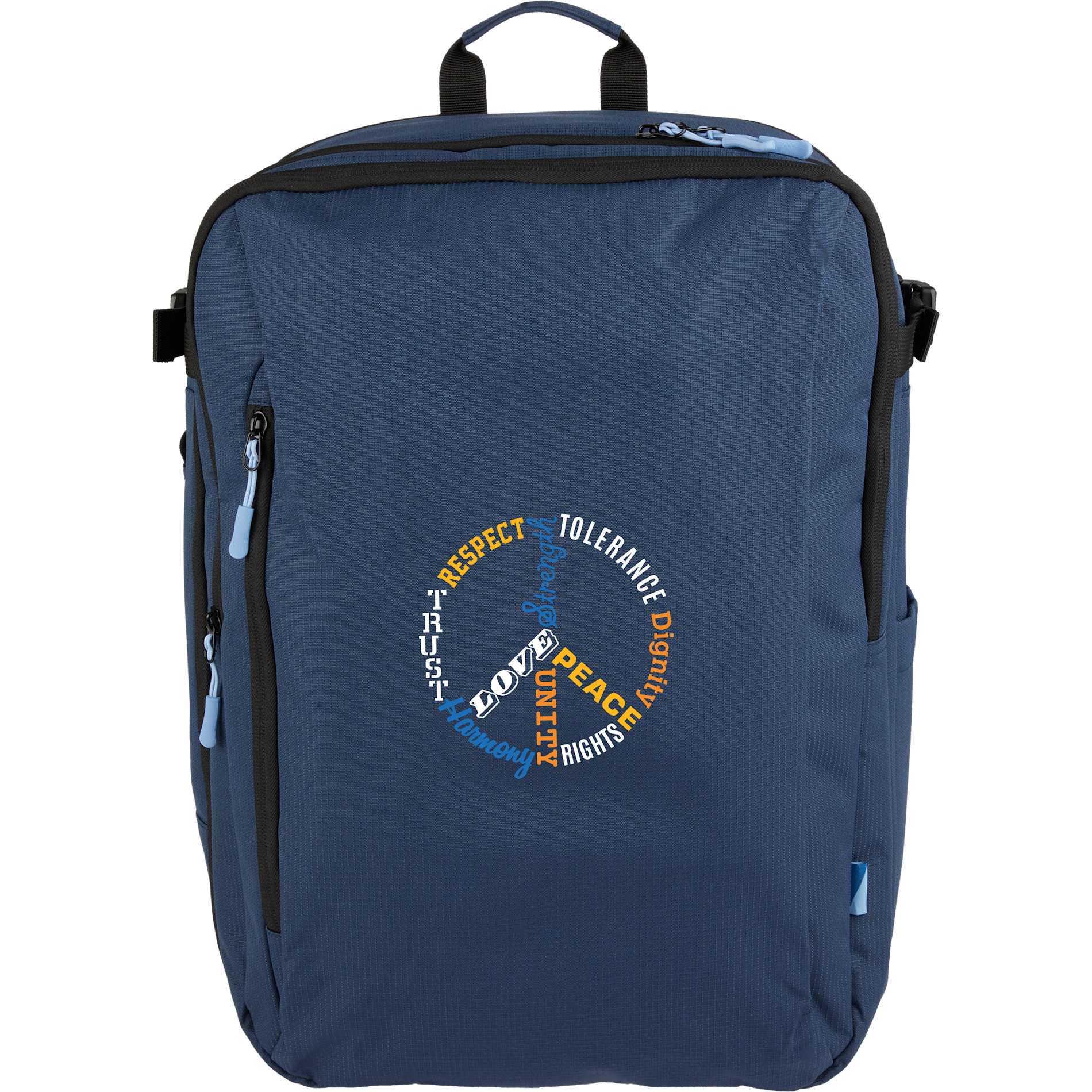 Front View of Blue Wander & Roam Travel Backpack