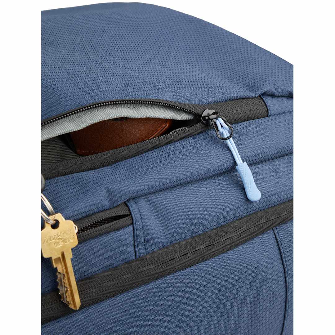 Front View of Blue Wander & Roam Travel Backpack