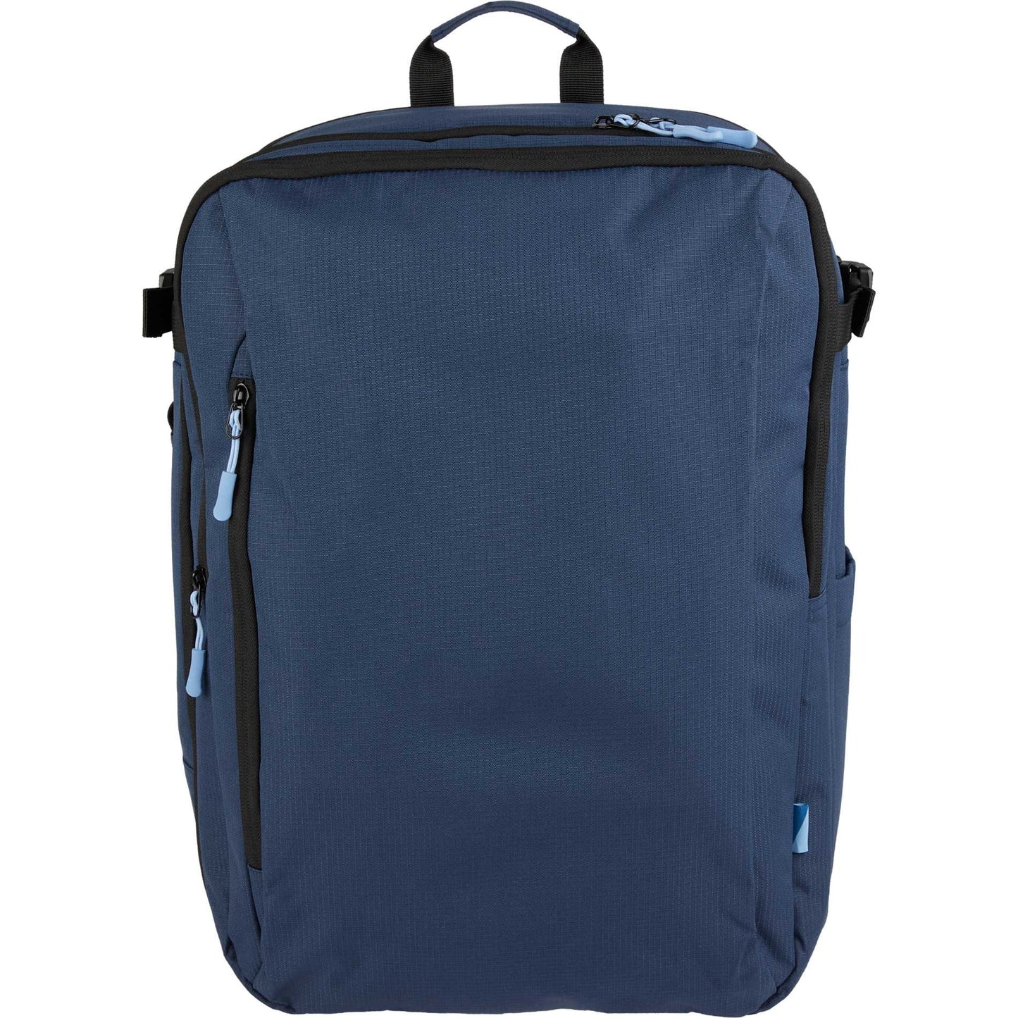 Front View of Blue Wander & Roam Travel Backpack