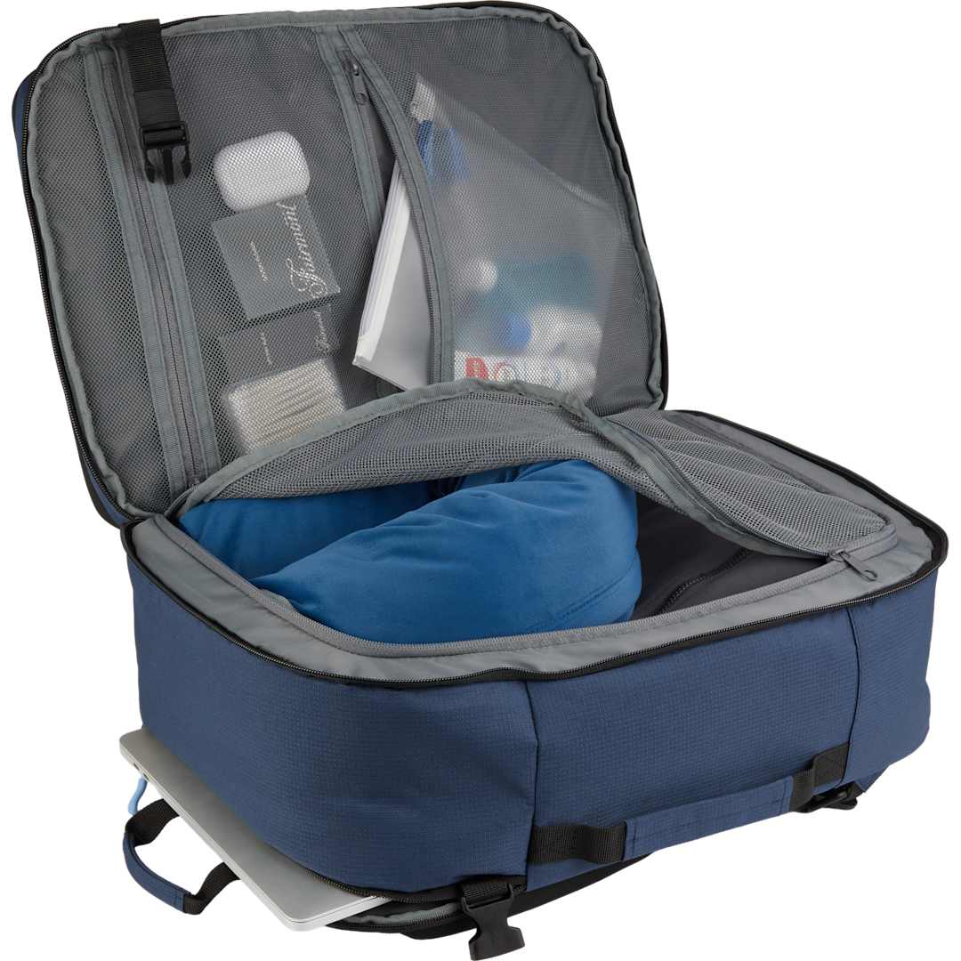Front View of Blue Wander & Roam Travel Backpack