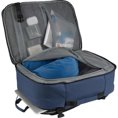Front View of Blue Wander & Roam Travel Backpack
