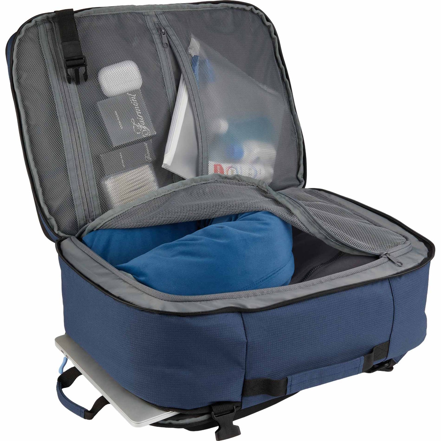 Front View of Blue Wander & Roam Travel Backpack