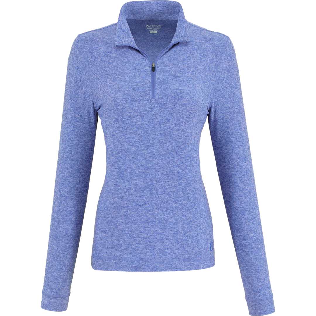 Front View of Blue WELLABLE Women's Knit 1/4 Zip plain