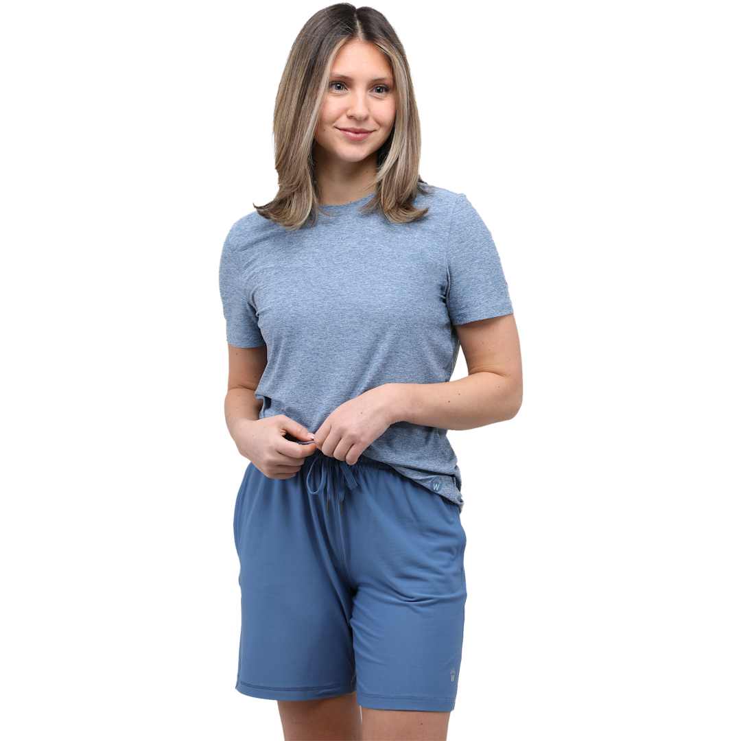 Front View of Blue WELLABLE Women's Short Sleeve Tee plain