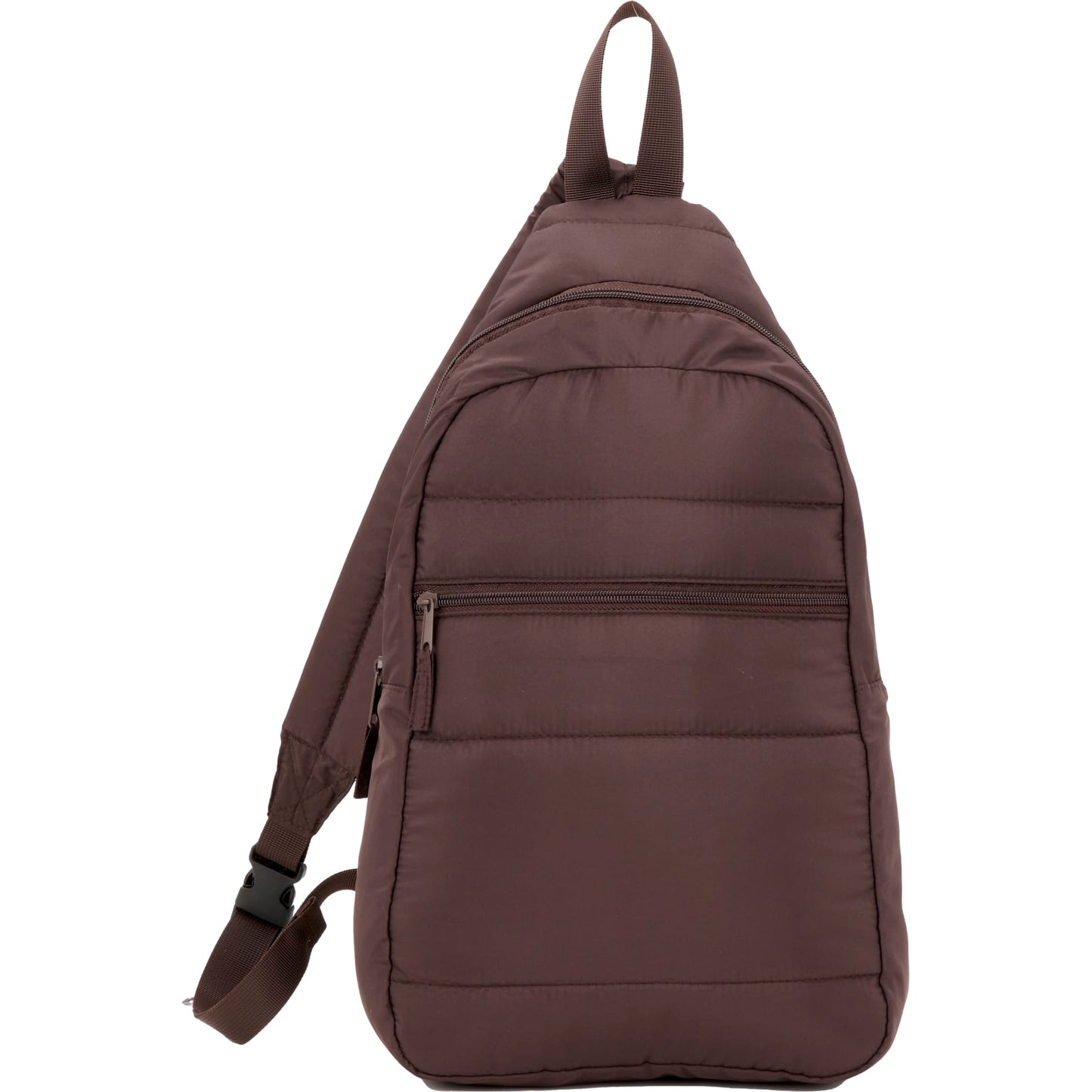 Front View of Brown Puffer Recycled Sling Backpack plain