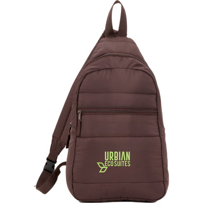 Front View of Brown Puffer Recycled Sling Backpack