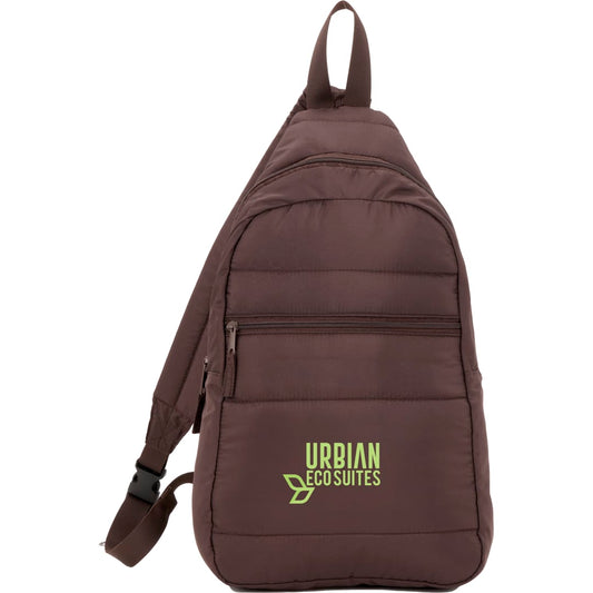 Front View of Brown Puffer Recycled Sling Backpack