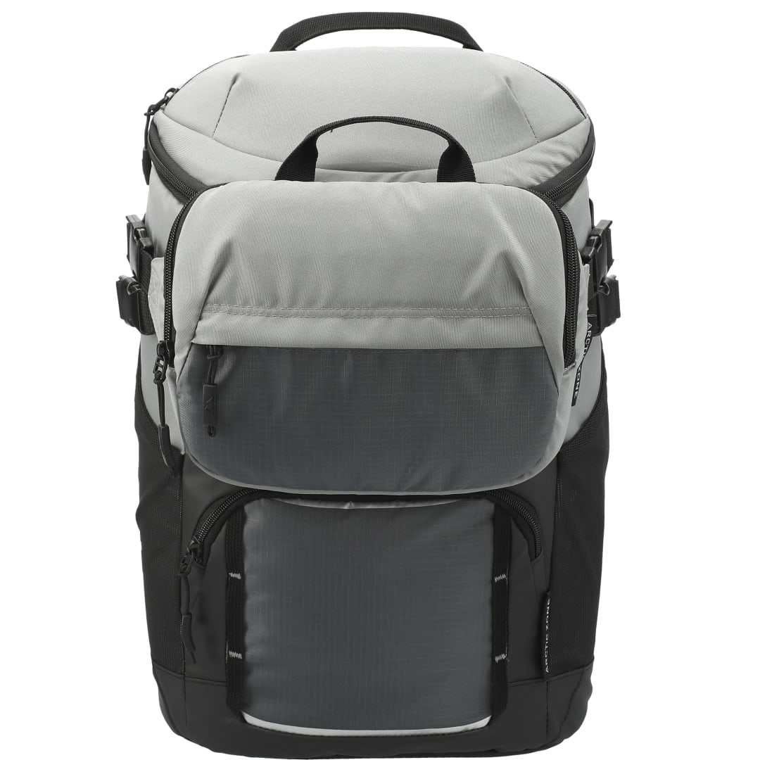 Front View of Gray Arctic Zone® Repreve® Backpack Cooler with Sling plain