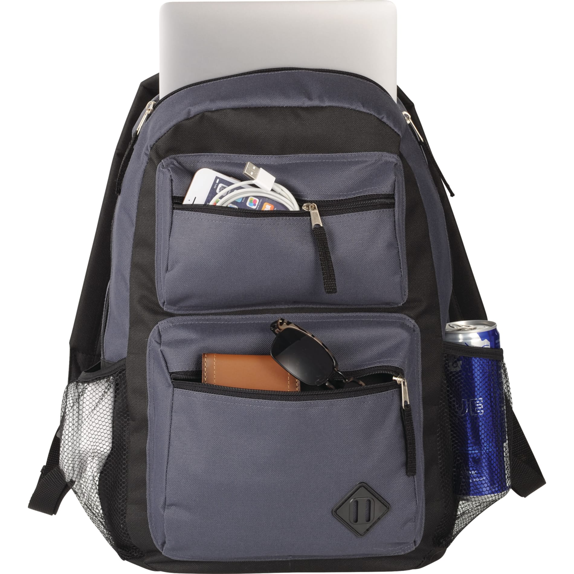 Front View of Gray Double Pocket Backpack plain