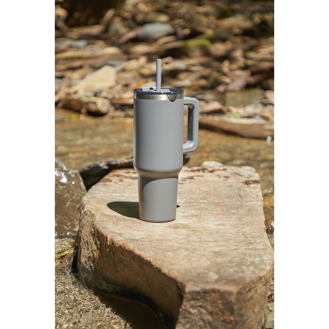 Front View of Gray Pinnacle Recycled Travel Tumbler with Straw 40oz plain