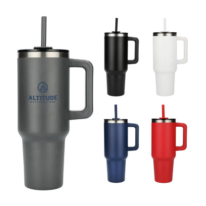 Front View of Gray Pinnacle Recycled Travel Tumbler with Straw 40oz