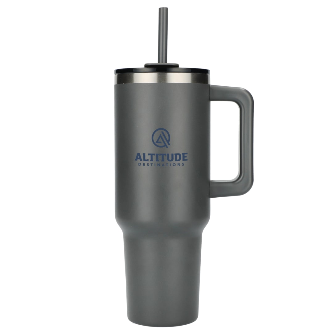 Front View of Gray Pinnacle Recycled Travel Tumbler with Straw 40oz