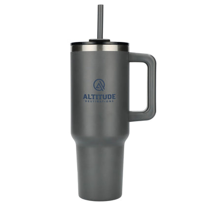 Front View of Gray Pinnacle Recycled Travel Tumbler with Straw 40oz