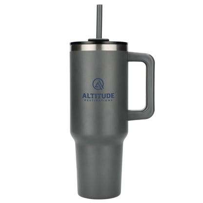 Front View of Gray Pinnacle Recycled Travel Tumbler with Straw 40oz