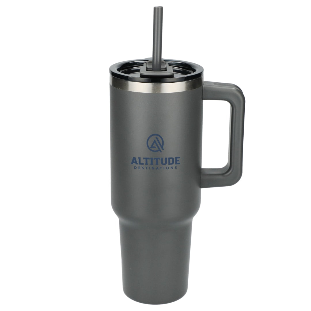Front View of Gray Pinnacle Recycled Travel Tumbler with Straw 40oz