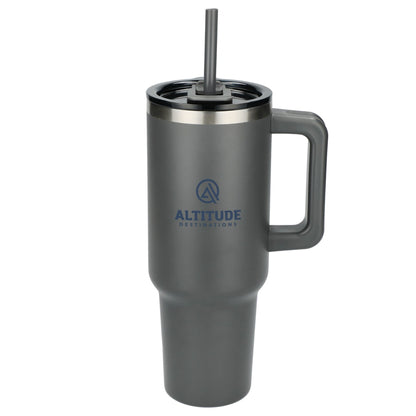 Front View of Gray Pinnacle Recycled Travel Tumbler with Straw 40oz