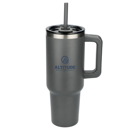 Front View of Gray Pinnacle Recycled Travel Tumbler with Straw 40oz