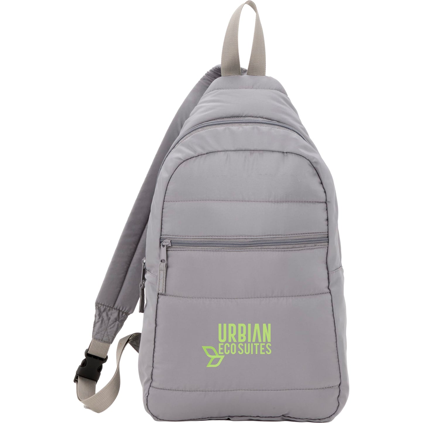 Front View of Gray Puffer Recycled Sling Backpack