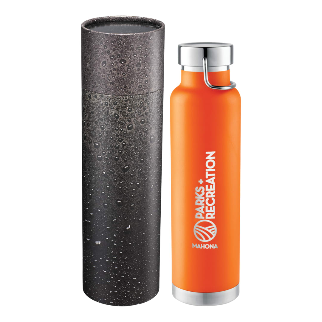 Front View of Orange Thor Copper Vac Bottle 22oz With Cylindrical Box