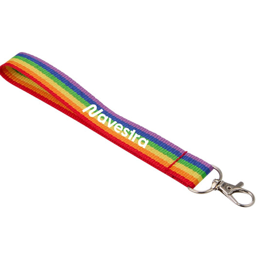 Front View of Pink Recycled Rainbow Wrist Lanyard