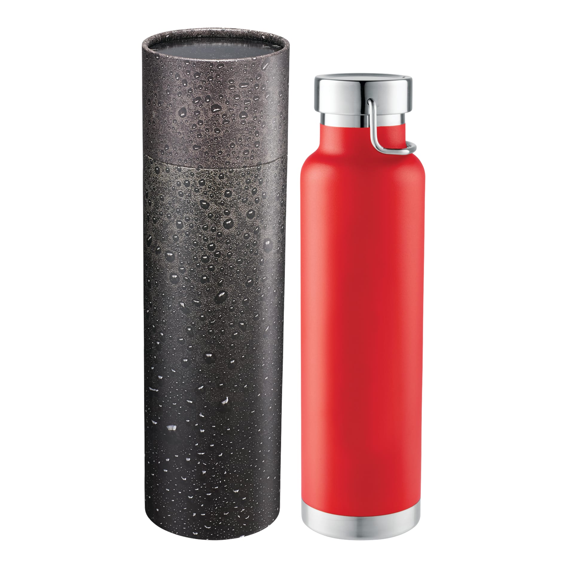 Front View of Red Thor Copper Vac Bottle 22oz With Cylindrical Box plain